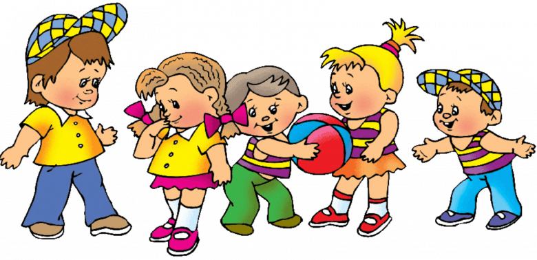 Пятеро анимационных человечков, мальчик и девочка держат мяч
