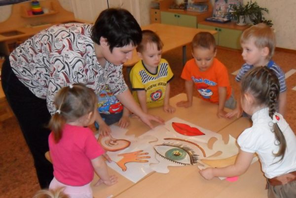 Воспитатель показывает детям нарисованные части тела человека