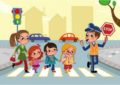 Анимационная картинка: постовой со знаком Стоп переводит детей и воспитательницу через дорогу