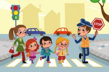 Анимационная картинка: постовой со знаком Стоп переводит детей и воспитательницу через дорогу