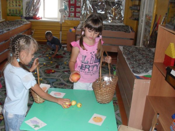 Две девочки играют в дидактическую игру «Овощи»