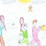 Детский рисунок: семья играет в мяч и бадминтон