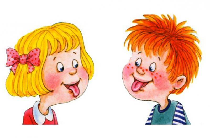 Анимационные девочка и мальчик показывают друг другу язык