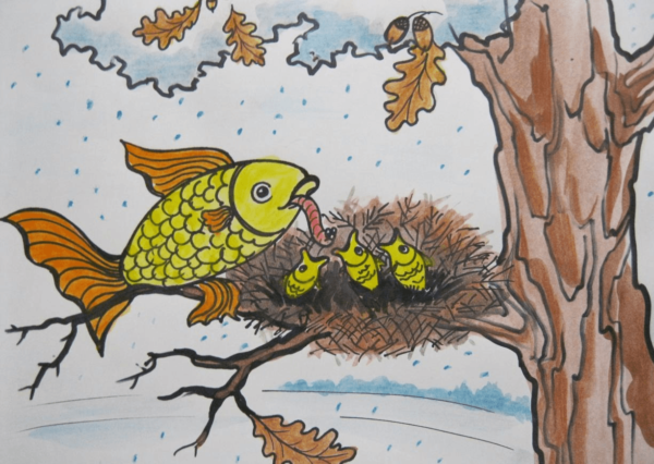 Рыба кормит своих детёнышей в гнезде на дереве