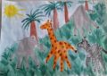 Слон, жираф и зебра, нарисованные ладошками