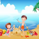 Картинка с мальчиком и девочкой, играющими с пеком на побережье