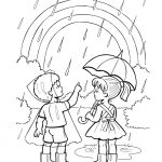 Шаблон для раскрашивания Мальчик держит над девочкой зонт